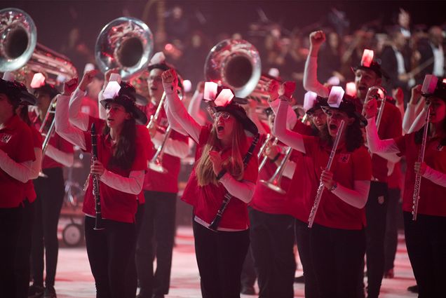 Photo: the BU Pep Band and dozens of other student performers at a recent sporting event
