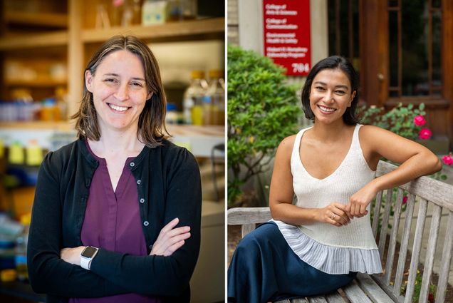 Photo: A collage of two woman. On the right, a white woman with short brown hair has her arms crossed over her chest and smiles for the photo. On the left, a young woman with shorter dark brown hair sits on a bench, smiling for the photo.