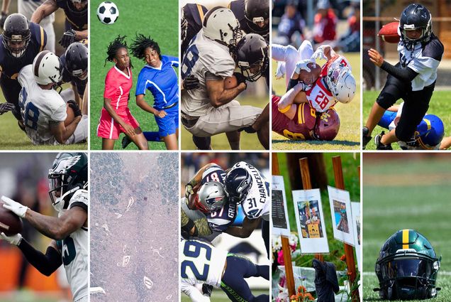 Photo: A collage of images featuring sports scenes and elements, including football, soccer, and hockey. Top-left shows a football field with yard markers. Top-center-left displays two female soccer players competing for the ball mid-air. The following three images show intense football tackles and helmets on a field. The bottom-left image depicts a football player catching a pass, while the middle-bottom image shows a microscopic view of brain tissue. The bottom-center-right features two football players in a hard tackle, and the far-right includes a memorial, possibly for an athlete, with flowers and pictures. The bottom-right shows hockey gear, specifically skates and helmets.