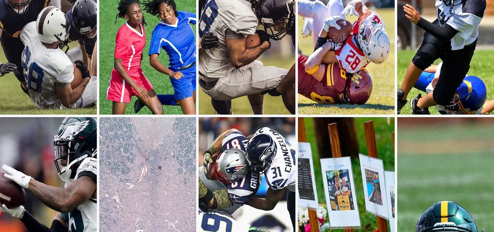 Photo: A collage of images featuring sports scenes and elements, including football, soccer, and hockey. Top-left shows a football field with yard markers. Top-center-left displays two female soccer players competing for the ball mid-air. The following three images show intense football tackles and helmets on a field. The bottom-left image depicts a football player catching a pass, while the middle-bottom image shows a microscopic view of brain tissue. The bottom-center-right features two football players in a hard tackle, and the far-right includes a memorial, possibly for an athlete, with flowers and pictures. The bottom-right shows hockey gear, specifically skates and helmets.