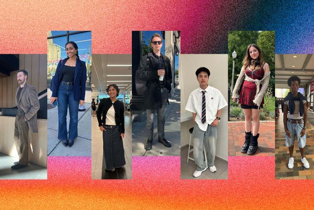 Photo: A collage of nine images, each image a photo of a BU student posing to show off their outfits. The background is a multi-colored mesh of bright pinks, oranges, and blues with an added grainy overlay.
