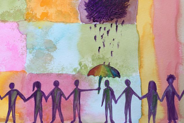 Illustration of stick figures holding hands in a rainstorm