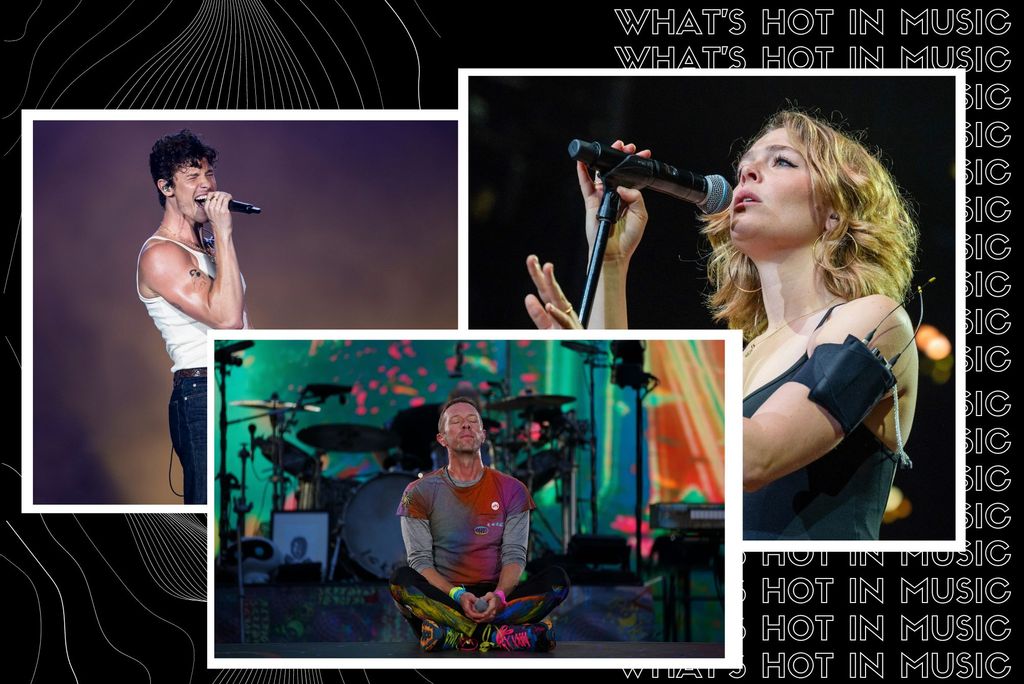 Photo: A collage image of three artists in white boarder frames. On the left, a picture of Shawn Mendes performing on stage. In the middle, a picture of the lead singer of Coldplay sitting cross legged in the middle of the stage, and on the right, a closeup of Maggie Rogers performing on stage, holding the mic delicately.
