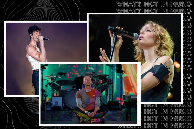 Photo: A collage image of three artists in white boarder frames. On the left, a picture of Shawn Mendes performing on stage. In the middle, a picture of the lead singer of Coldplay sitting cross legged in the middle of the stage, and on the right, a closeup of Maggie Rogers performing on stage, holding the mic delicately.