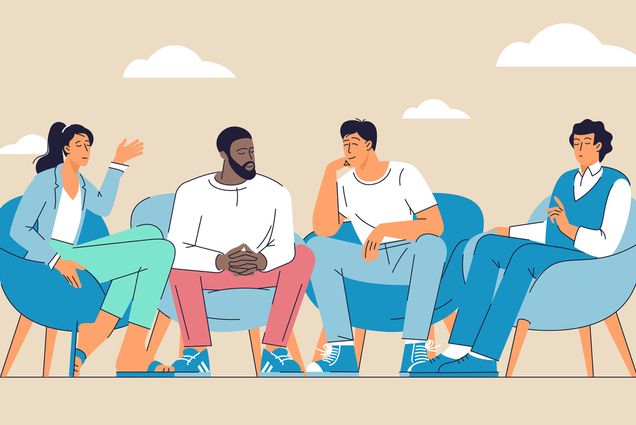 Photo: A stock illustration of four people, one woman on the left and three men on her right, in group therapy. They are sitting on blue chairs with a tan background and clouds above them