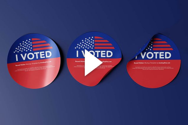 Photo: Stock image of three "I VOTED" stickers on a blue background. A white play button icon rests in the middle of the photo.