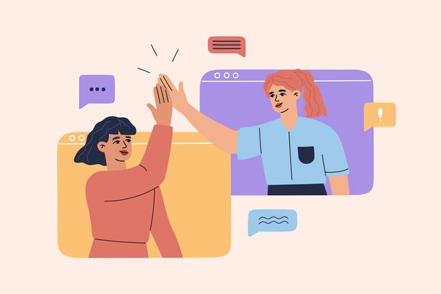 Photo: An illustration with two girls highfiving as they reach through online chat bubbles
