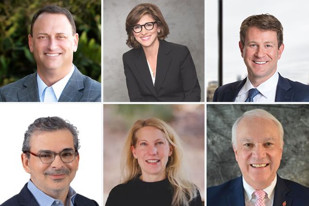 A collage of six professional headshots arranged in two rows of three. Top row, from left to right: John Couris, a smiling man in a plaid gray suit; Nina Tassler, a woman with short brown hair, glasses, and a black blazer; and Eric Muller, a man with short brown hair in a navy blue suit and tie. Bottom row, from left to right: Thomas Bickerton, a man with gray hair and glasses in a dark blazer; Lisa Wendt, a smiling woman with long blonde hair in a black top; and Antonio Gomez, an older man with white hair in a suit and pink tie.
