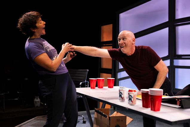 Photo: Becca A. Lewis (left) and Mark W. Soucy rehearsing for How to Not Save the World with Mr. Bezos by Maggie Kearnan at Boston Playwrights Theatre earlier this week.