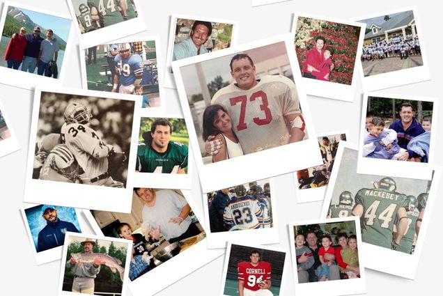 Photo: Collage of various family photos of past football players in polaroid frames.