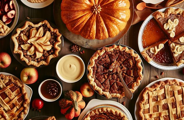 A fall-themed spread of an assortment of desserts and an orange pumpkin in the middle.
