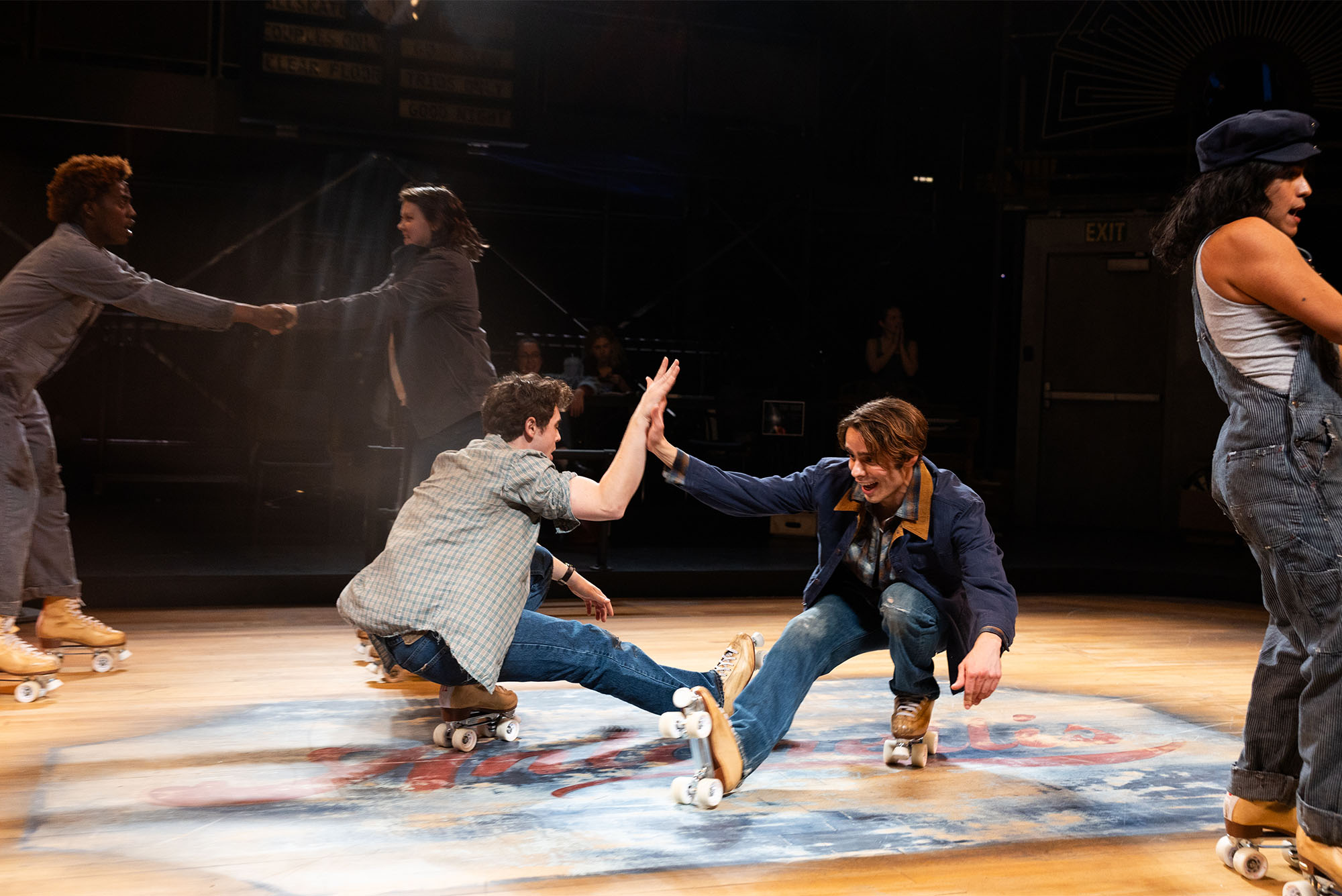 Actors Jack Greenberg (CFA’25), Jack Essner (CFA’25), and Dylan Mejil (CFA’25) during a rehearsal for The Rink.