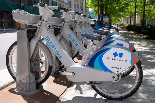 Photo: A row of BlueBike e bikes in Boston, MA on a sunny day