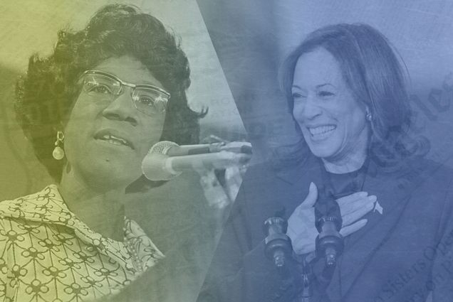 Side by side photo of Shirley Chisolm and Kamala Harris with a newspaper style overlay. The overlay is tinted blue and yellow