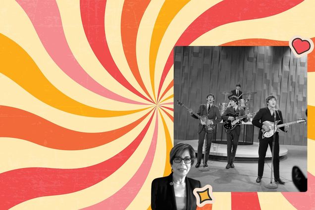 Photo: A collage-style image with a swirling colorful background featuring black and white photos of the Beatles and author Debbie Gendler