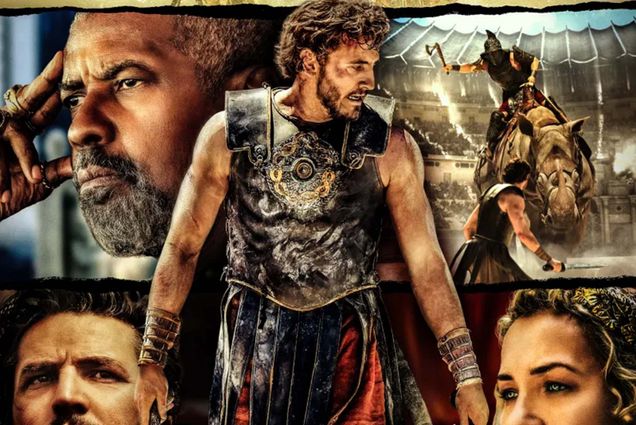Photo: The movie poster for "Gladiator II" featuring Paul Mescal in the middle whole swords surrounded by pictures of the rest of the cast