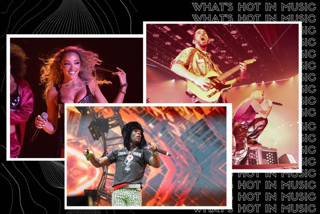 Photo: A composite image of musicians Tinashe, Lil Uzi Vert, and Linkin Park with the words "What's Hot in Music" repeating in the background