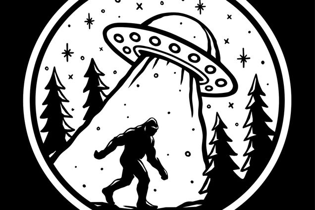 Illustration of bigfoot being abducted by a UFO