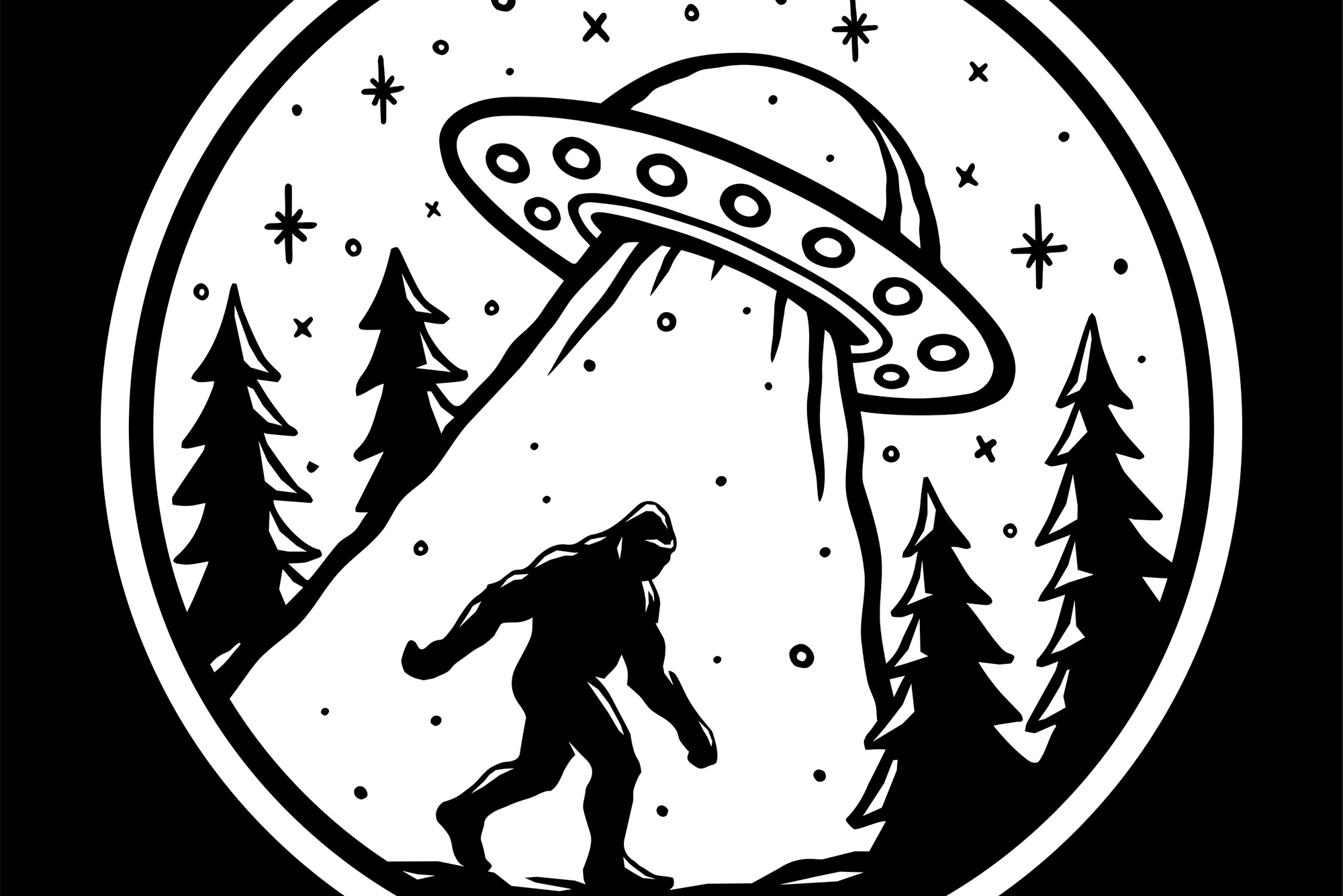 Illustration of bigfoot being abducted by a UFO