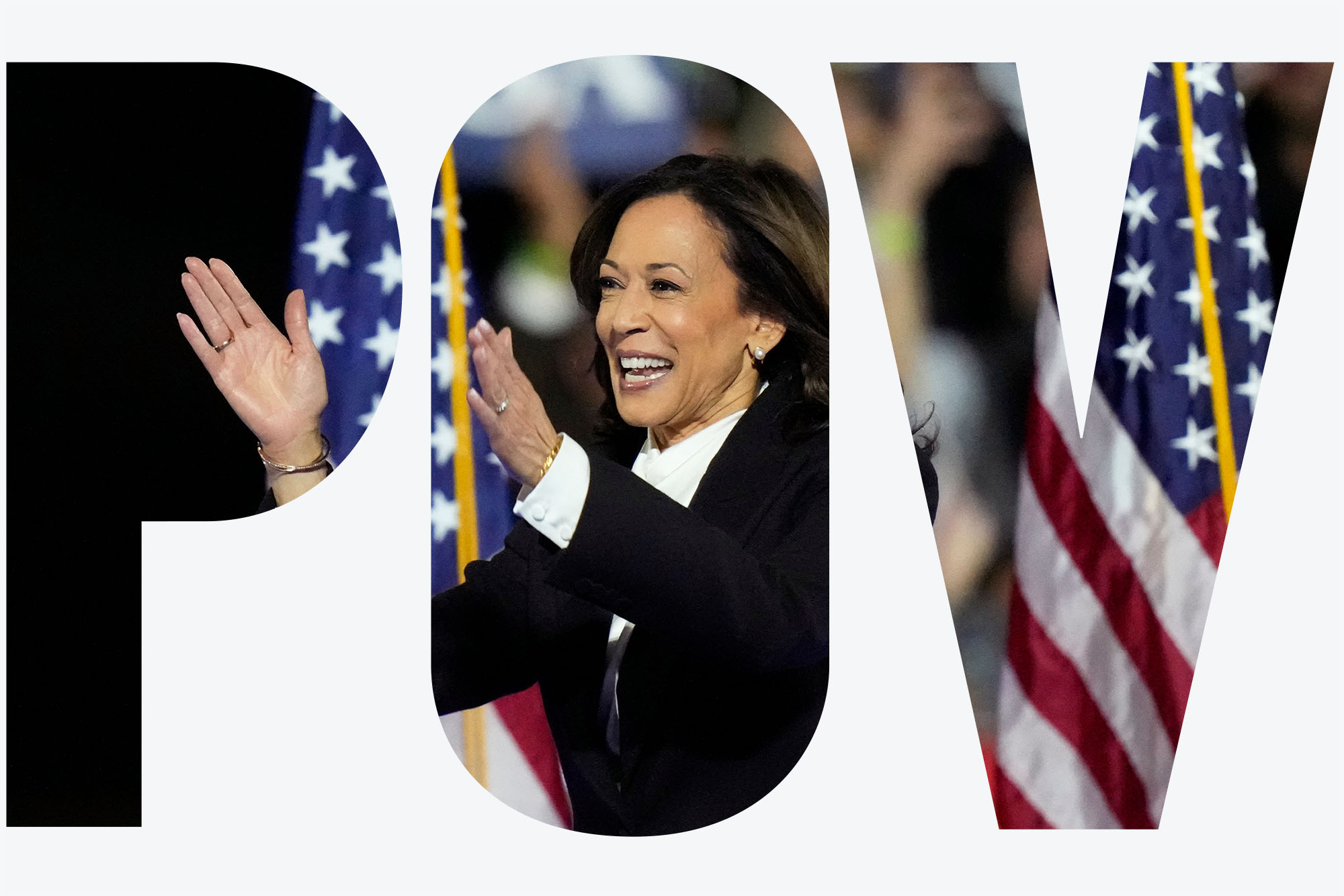 Photo : A picture of Kamala Harris clapping on stage with American flags at a rally. Overlay has the letters "POV"