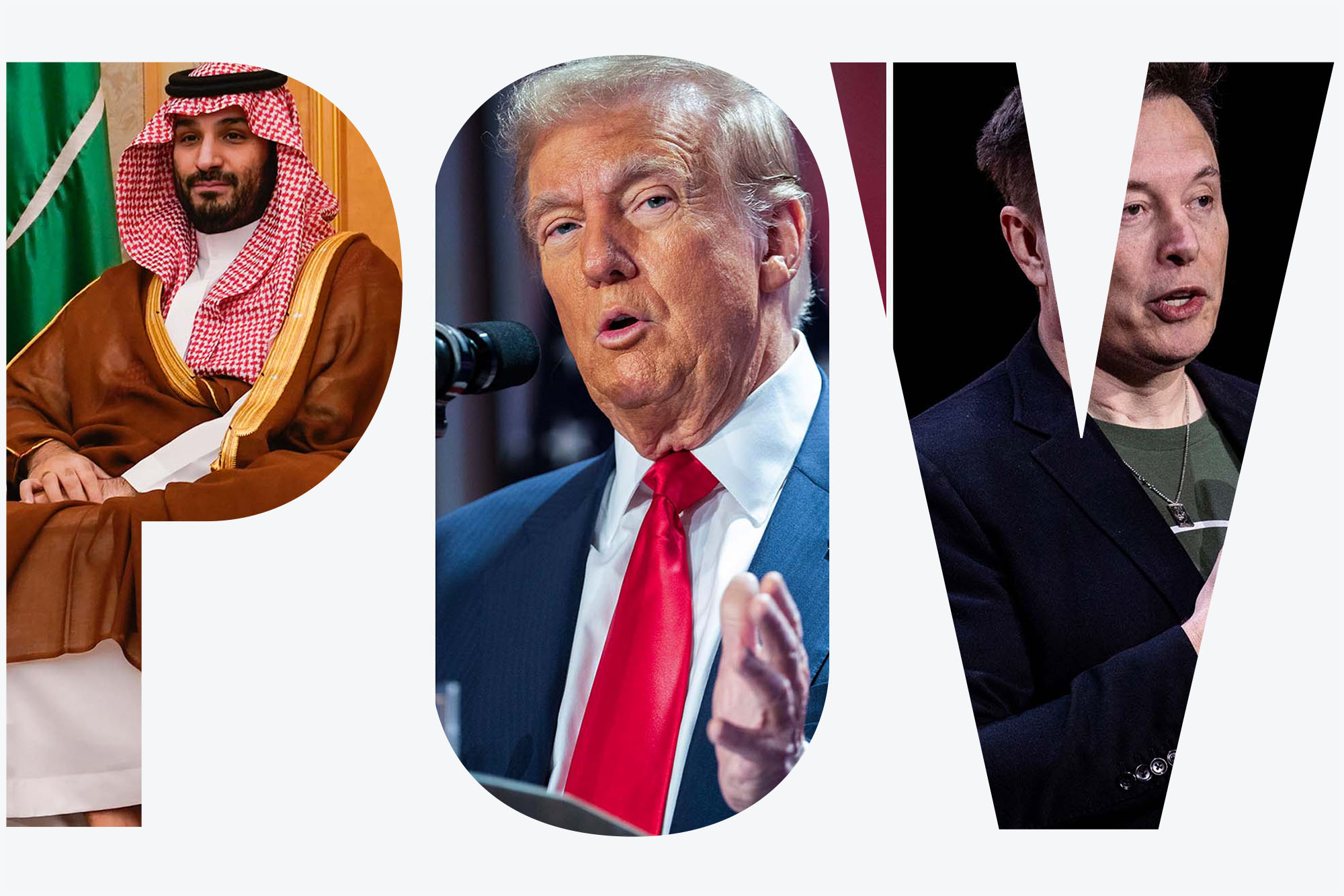 Photo: Composite image of three individuals: The Prince of Saudi Arabia, Donald Trump, and Elon Musk. A white POV cut-out overlay rests on top of the image.
