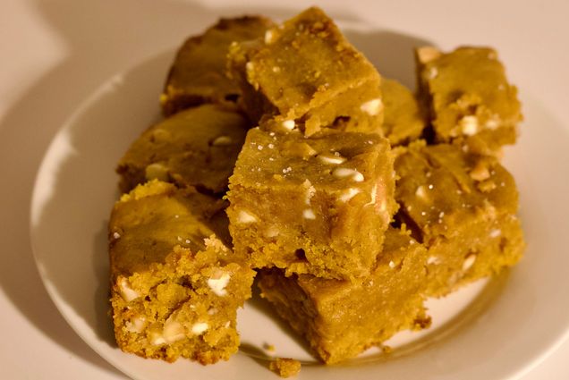 Photo: A plate of pumpkin miso blondies stacked in a pile