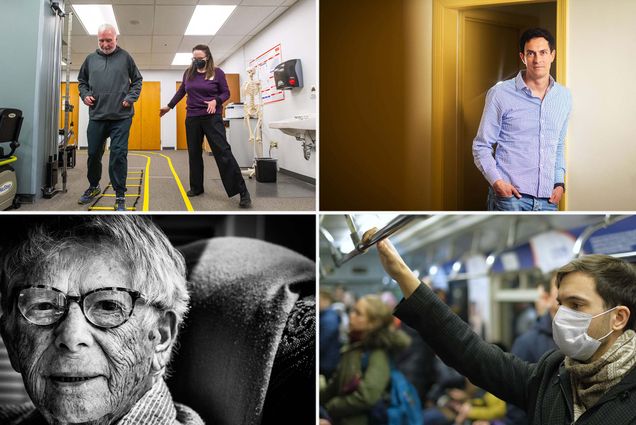 Four images: A black and white photo of an elderly woman, a man standing with hands in pockets for a formal headshot, a man standing on a public subway wearing a facemask, and a man with parkinson's working to test a walking device