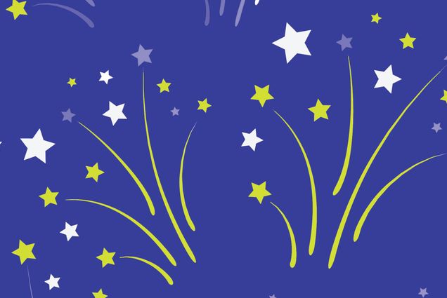 Festive new years illustration depicting fireworks on a purple blue background