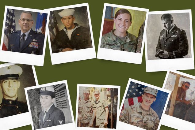 Photo: A composite image of photos of veterans in their uniforms within polaroid-style frames. There are four up at the top and five at the bottom. The background behind these photos is army green