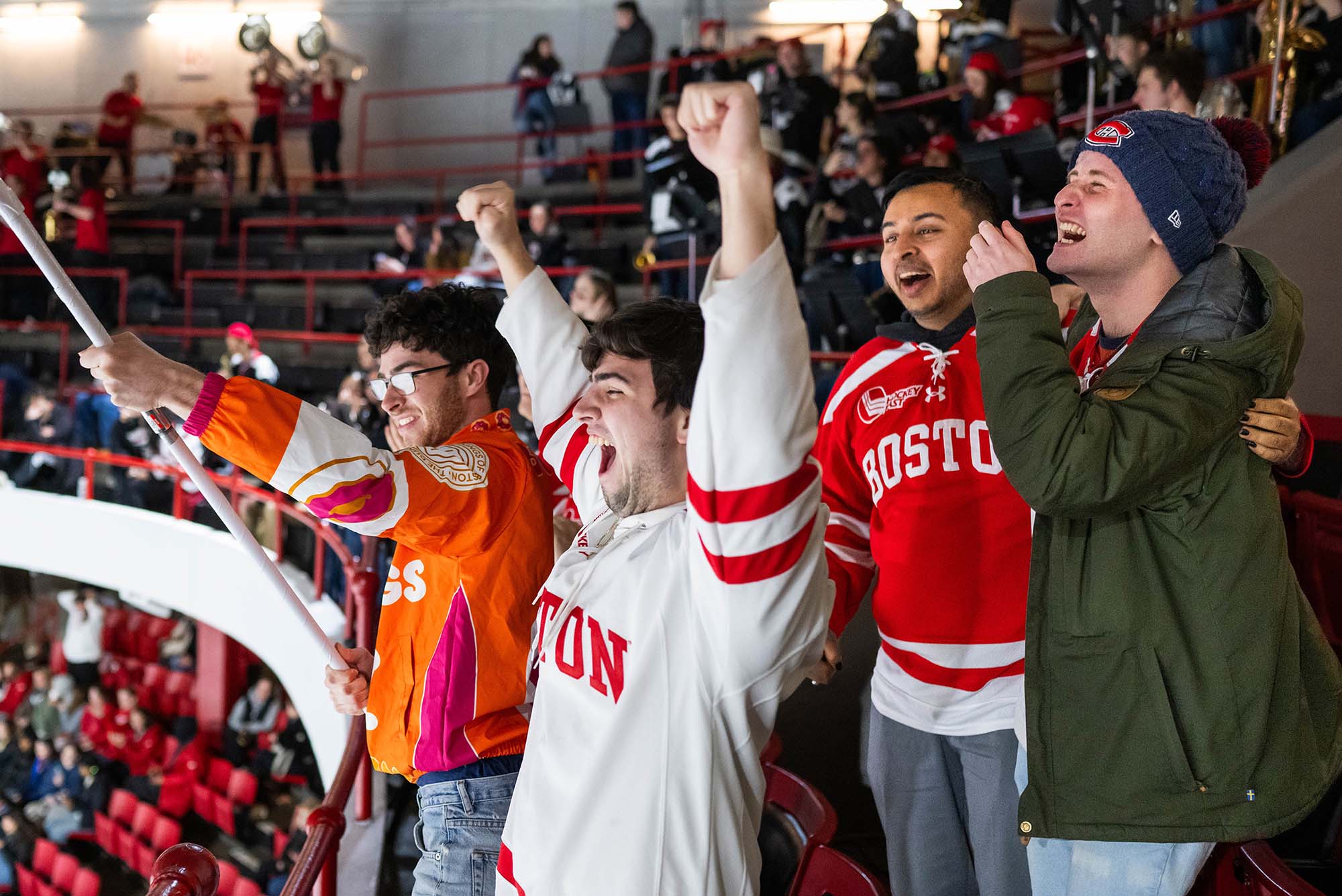 Photo: A crowd of BU students celebrating in the stands during the Women's Beanpot Semifinals
