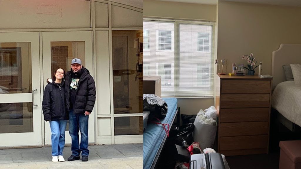 On the left, the student took a picture of a man and a woman outside of a building. They are in jackets. On the right, there is a photo of a dorm room with two twin beds and some furniture moved in.