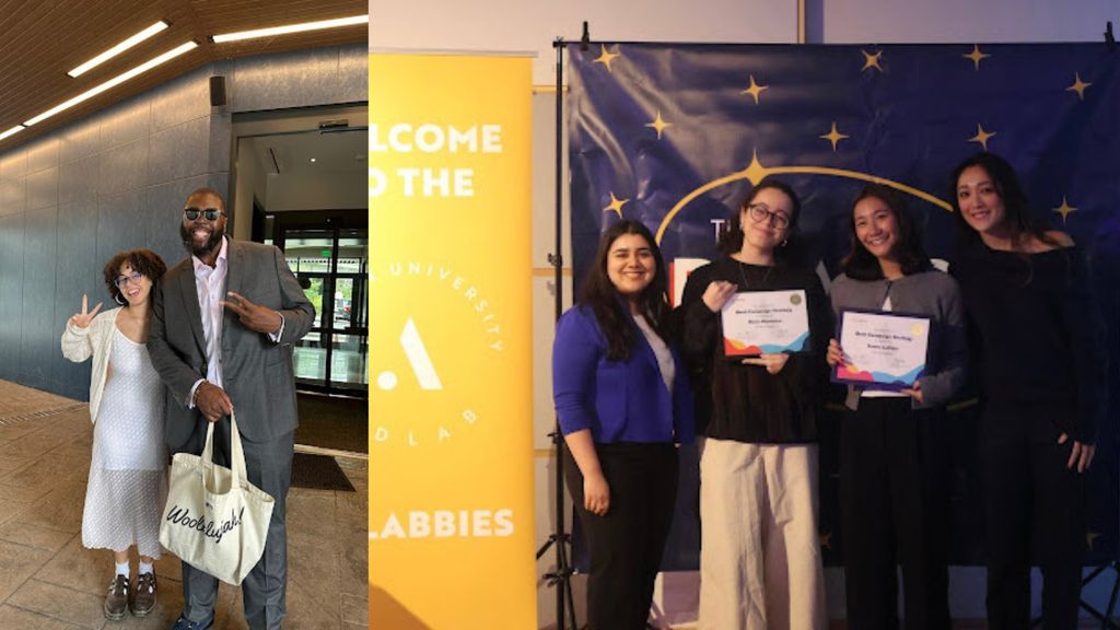 Boston University Student Malia Montalvo is feature in both photos. On the left, she is pictured with Dr. Anthony Abraham Jack and they are smiling and throwing up peace signs. On the right, she is with a group of three other Boston University students at the Adlabbies, the BU Ad Lab's Award show. Two of the students in the photo are holding up awards while they all smile at the camera.