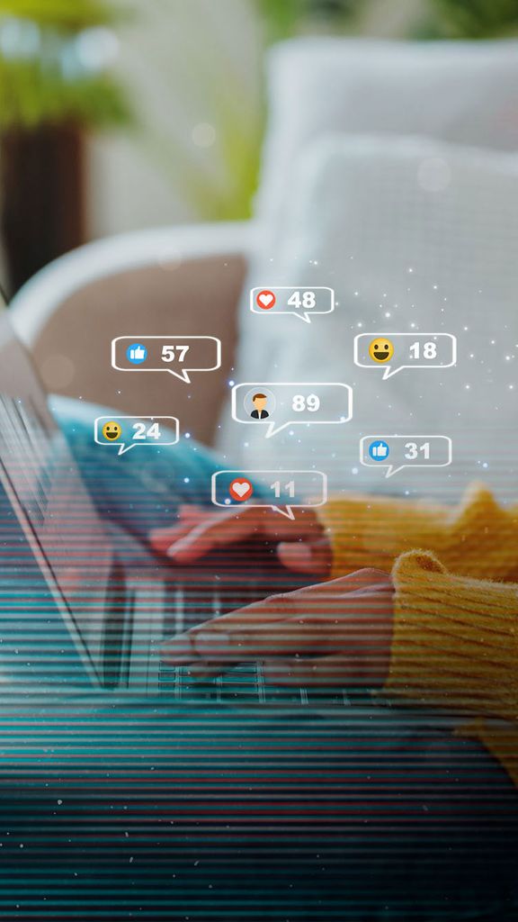 Photo: A person on their couch browsing social media on their laptop. Icons are coming out of hte computer showing likes and engagement with posts. There is a glitch overlay on the image