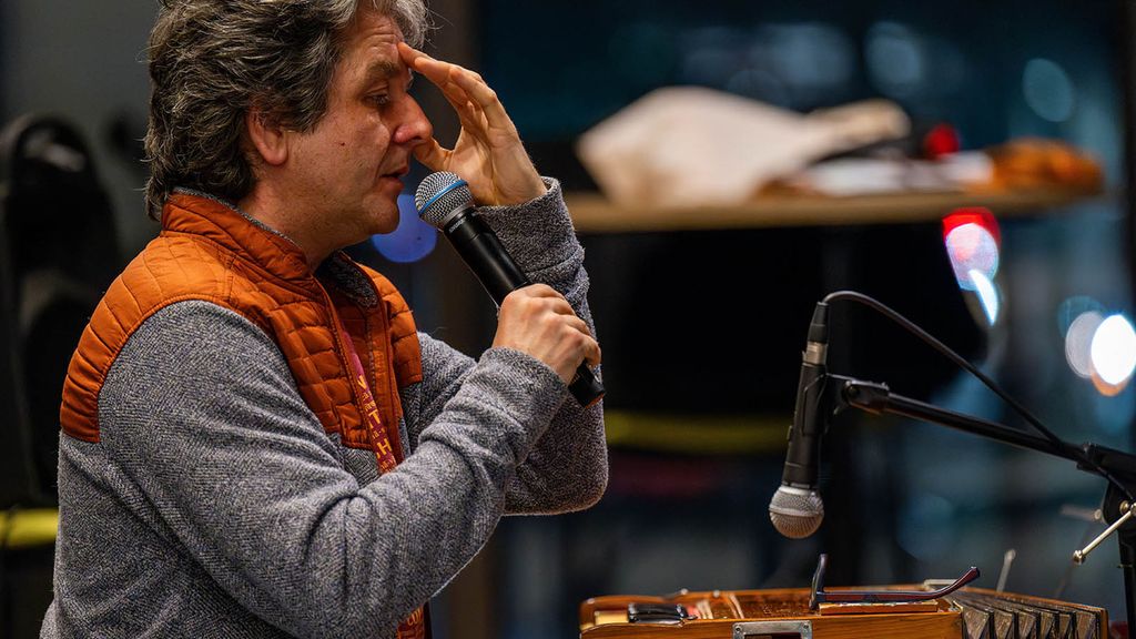 Photo: Igor Iwanek, a CFA lecturer in music and music theory, leads a Breath, Rhythm & Music for Your Wellbeing workshop. Photo by Cydney Scott