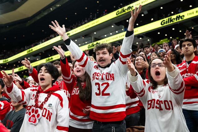 Photo: Fans react with hands up and sullen faces as BU takes on Northeastern during the 46th Women’s Beanpot Championship