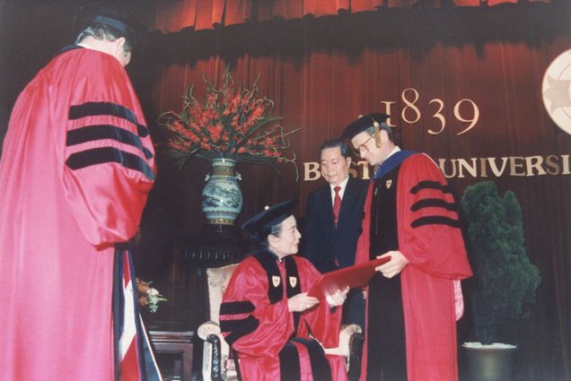 Photo: Soong Mayling receiving an honorary degree in 1989 from BU President John Silber