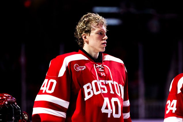 Photo: Mikhail Yegorov (CAS’28) during the February 3 Beanpot semifinal game against Harvard at TD Garden. Yegorov enrolled at Boston University January 21 and has already started in some of the biggest games of the season. Photo by Matt Woolverton/BU Athletics