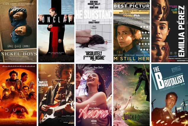 Posters for 10 of the nominees for Best Picture at the 2025 Oscars