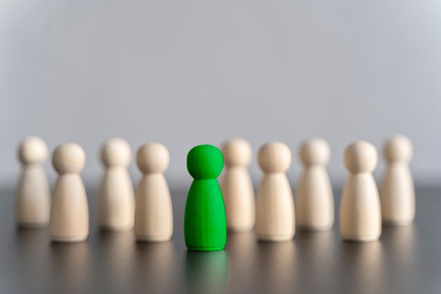 Photo: Wooden pieces of the same color on a table with one green piece in the middle