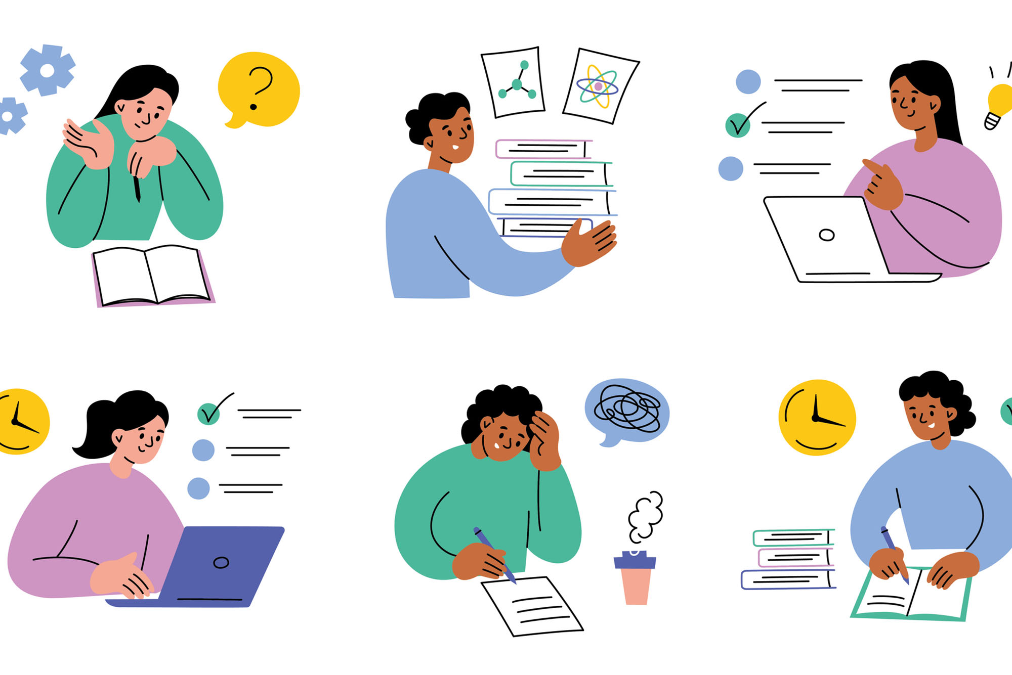 Photo: Vector illustrations of students taking tests on computers and writing exams in classrooms.
