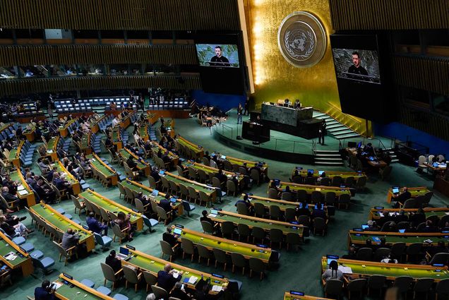 Photo: A wide shot of the United Nations as Ukraine's President Volodymyr Zelenskyy addresses the 79th session of the General Assembly