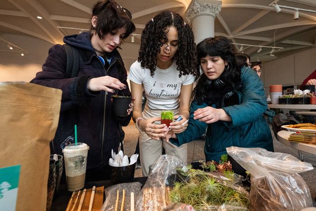 Photo: Three female BU Students making a terrarium at an event
