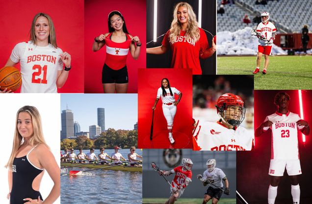 Collage of Boston University student athletes from lacrosse to basketball to hockey.