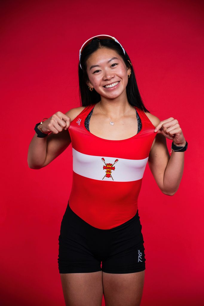 Boston University student Jasmine Wu (Sargent'27) in her lightweight rowing uniform.