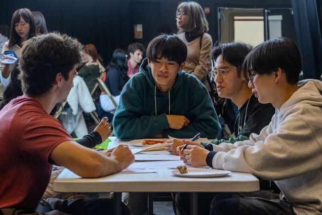Students from Boston University Academy, and Japanese schools Mita High School and Tokyo International High School come together to discuss cultural similarities and differences between their respective schools and nations, during a day of cultural exchange activities hosted at BU Academy on March 26th by BUA and Boston University’s Center for English Language & Orientation Programs. Photo by Ajani Hickling (CAS’27).