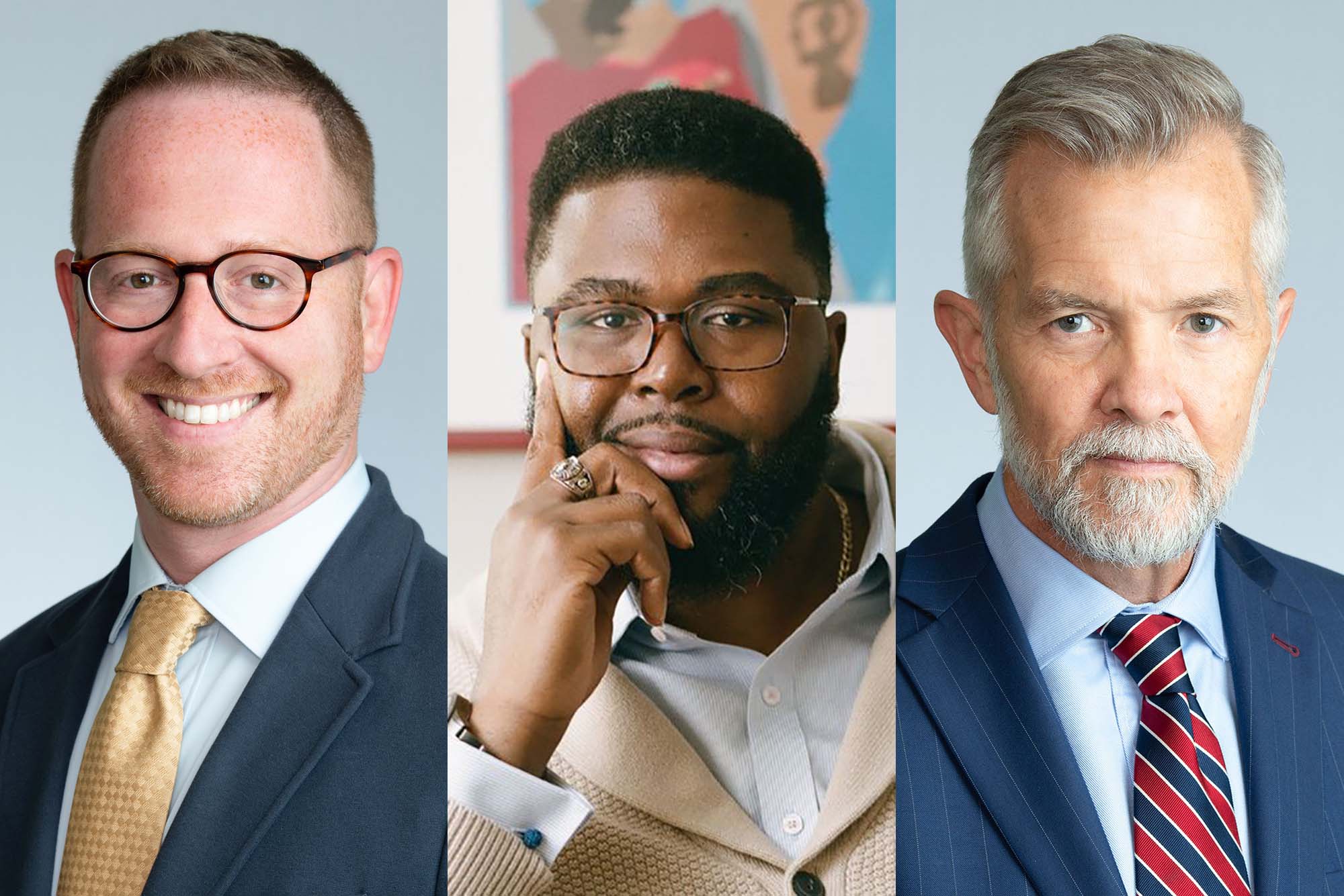 Photo: Three Boston University faculty members pose for formal headshot portraits