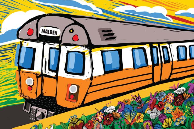 Photo: A digitial sketch of an orange train with flowers alongside its tracks. The train has "Malden" on its front