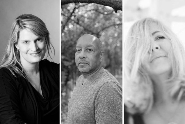 Photo: A black and white composite image of three poets: Maggie Dietz, Carl Phllips, and Erin Belieu.