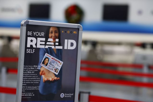 Photo: A U.S. Department of Homeland Security "Real ID" compliant driver's license sign outside of a TSA checkpoint
