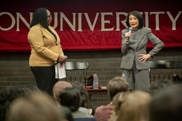 Photo: Connie Chung (right) benig interviewed on stage by Meghan Irons (left)